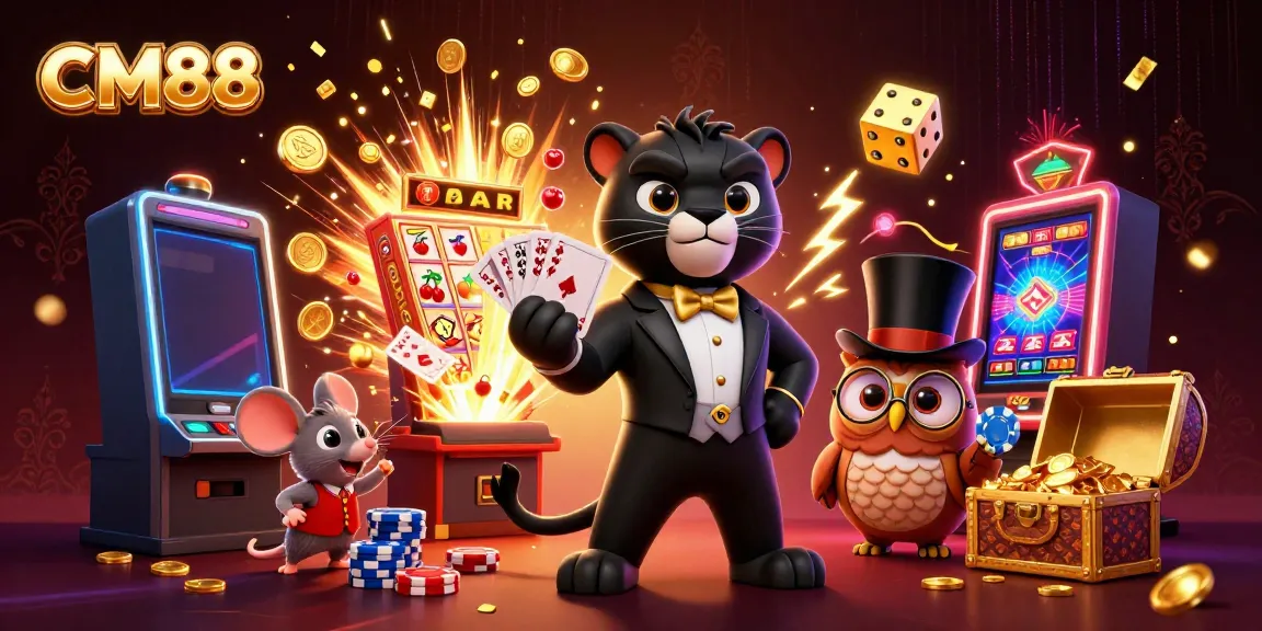 Experience excitement with CM88's lively casino scene featuring animated characters and vibrant elements.