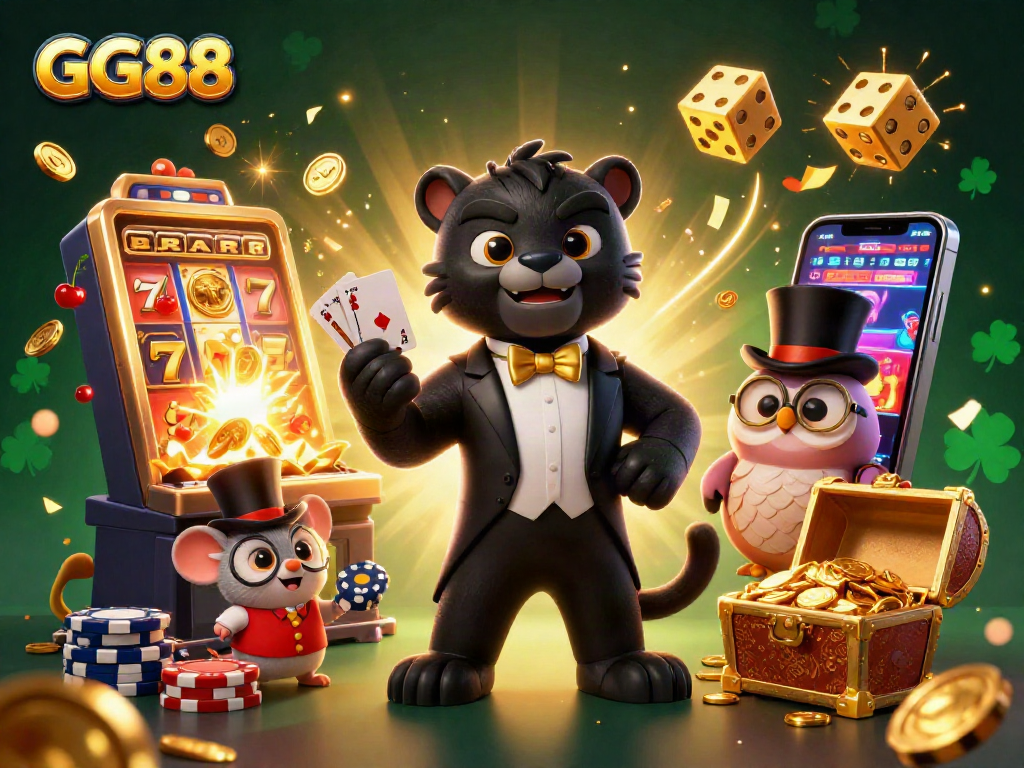 Experience the excitement of GG88 with a stylish panther, owl, and mouse in a vibrant casino scene.