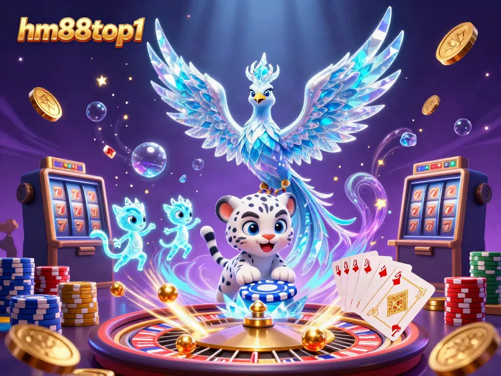 Experience the magic of gaming at hm88top1 with an ice phoenix and vibrant casino elements.