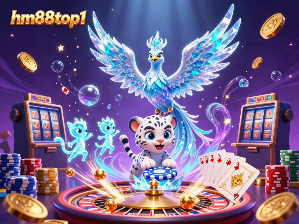 Experience the magic of gaming at hm88top1 with an ice phoenix and vibrant casino elements.