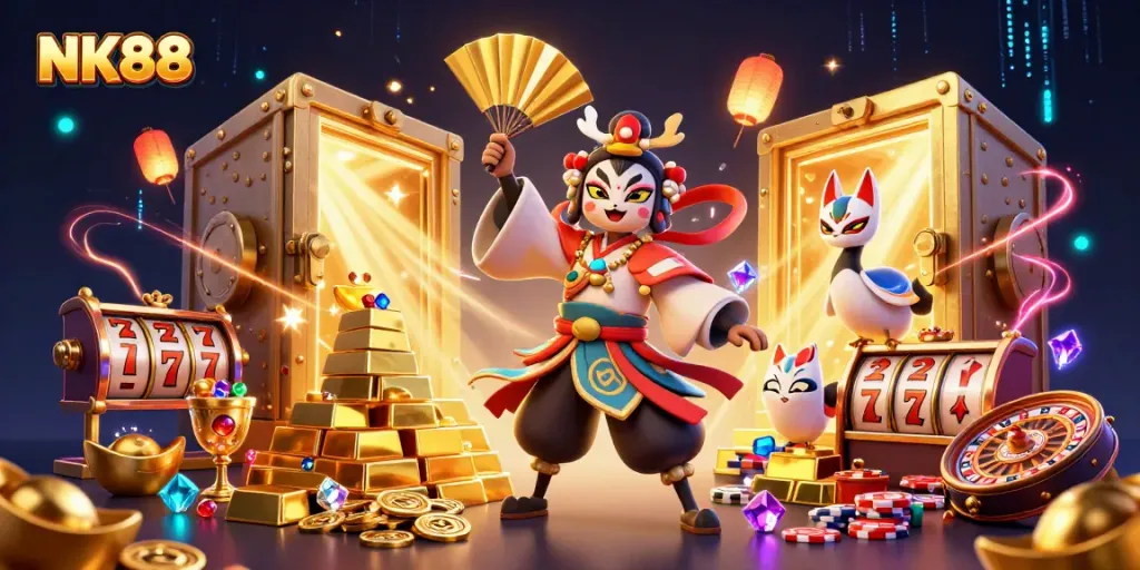 Experience thrilling gameplay with NK88 as kabuki warriors and vibrant casino elements come alive.