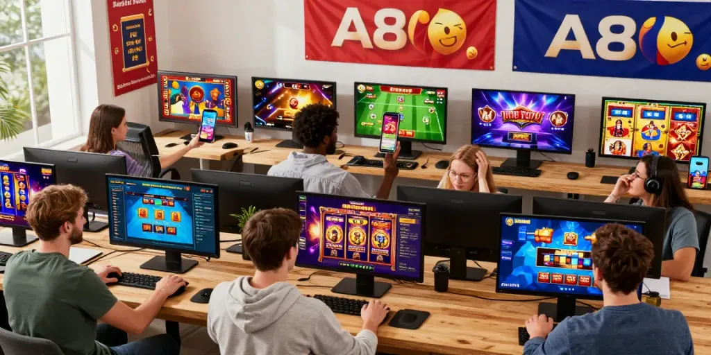 Diverse players enjoying a vibrant gaming experience on the A80 platform with exciting visuals and dynamic graphics.