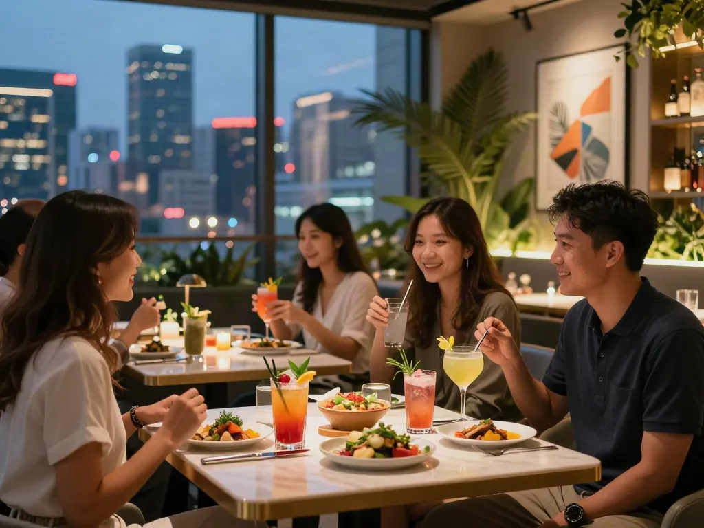 Guests savoring cocktails and cuisine at Nohu Rooftop Bar, with city skyline ambiance.