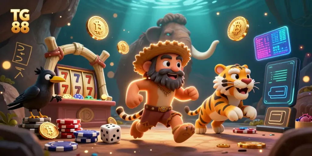 Experience TG 88 action in a dynamic prehistoric casino scene with colorful game elements.