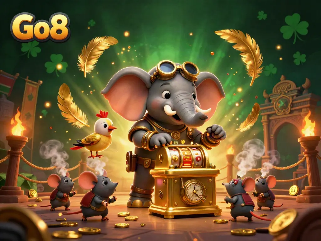 Spin the golden slot machine with Go8's lively steampunk engineer in a vibrant gaming arena.