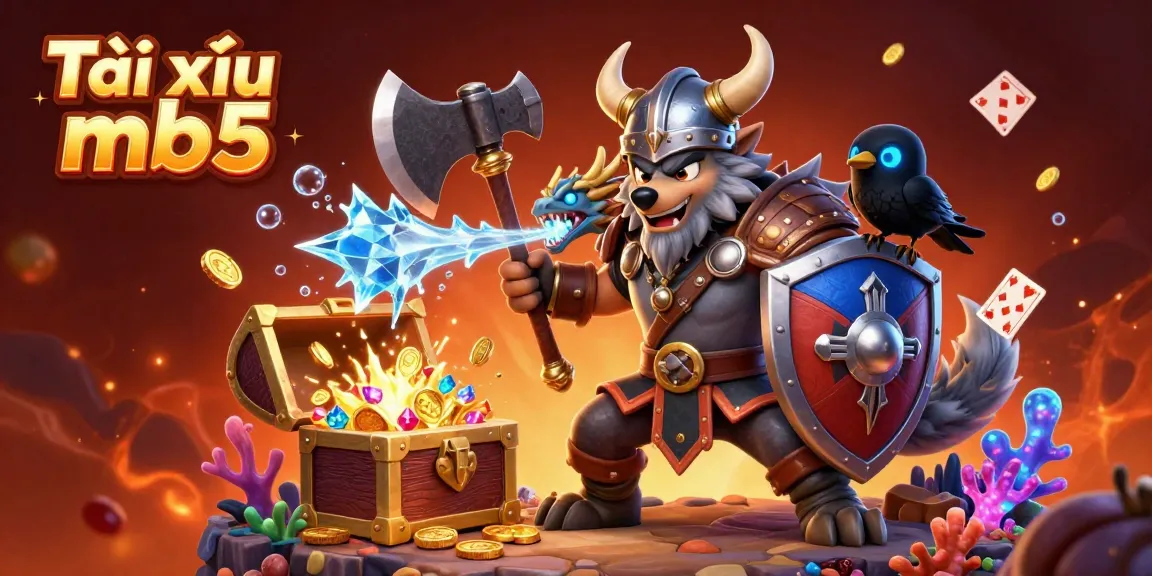 Engage in the thrilling Tài xỉu mb5 action with our Viking warrior, dragon, and raven surrounded by gold coins and vibrant game elements.