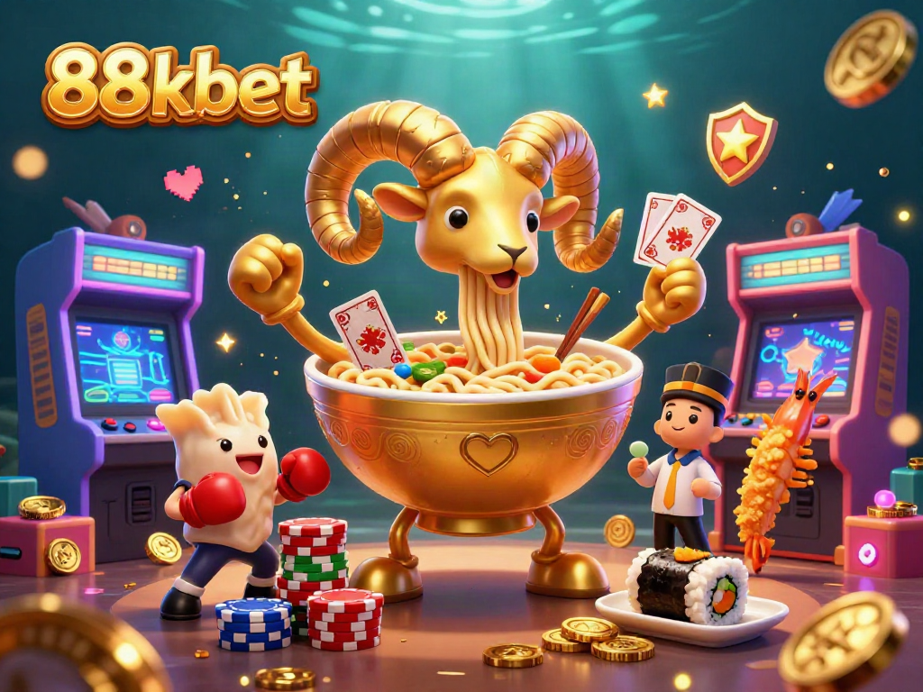 Engage with the thrilling world of 88kbet featuring a giant ramen bowl and vibrant casino elements.