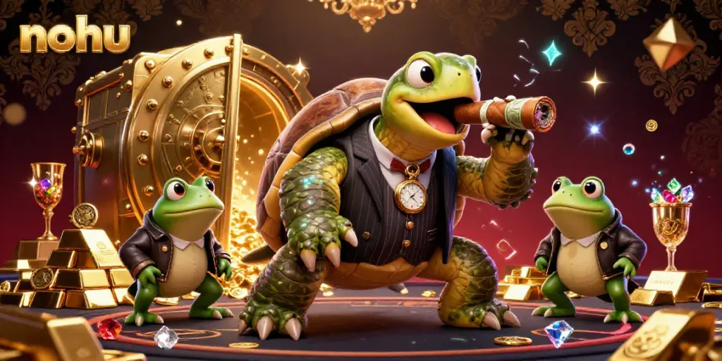 Experience thrilling gameplay at nohu with a vibrant casino scene featuring a mobster turtle and frog enforcers.