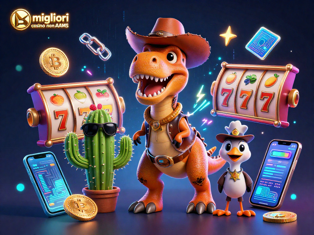 Scopri i migliori casino non AAMS con un T-Rex cowboy e simboli luminosi delle macchine da gioco.