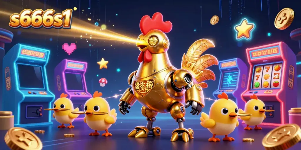 Experience thrilling action at s666s1 with a vivid 3D illustration featuring a futuristic golden rooster robot amidst colorful arcade games.