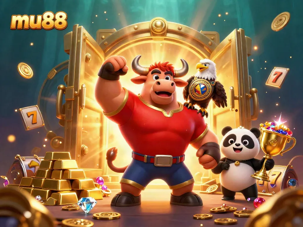 Celebrate big wins at mu88 with a vibrant 3D illustration featuring sports-themed characters and gaming treasures.