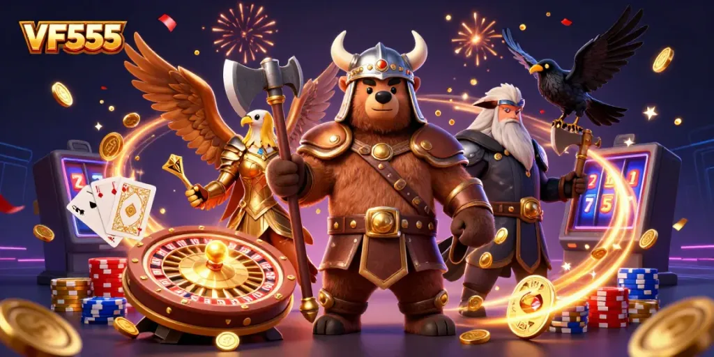 Engage with the thrilling VF555 casino experience featuring animated Viking themes and dynamic gaming elements.