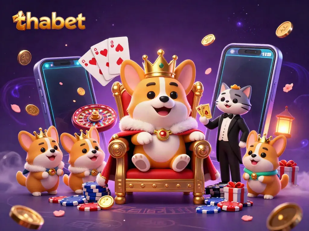 Experience thrilling moments at thabet with our royal corgi illustration amidst dynamic casino action.