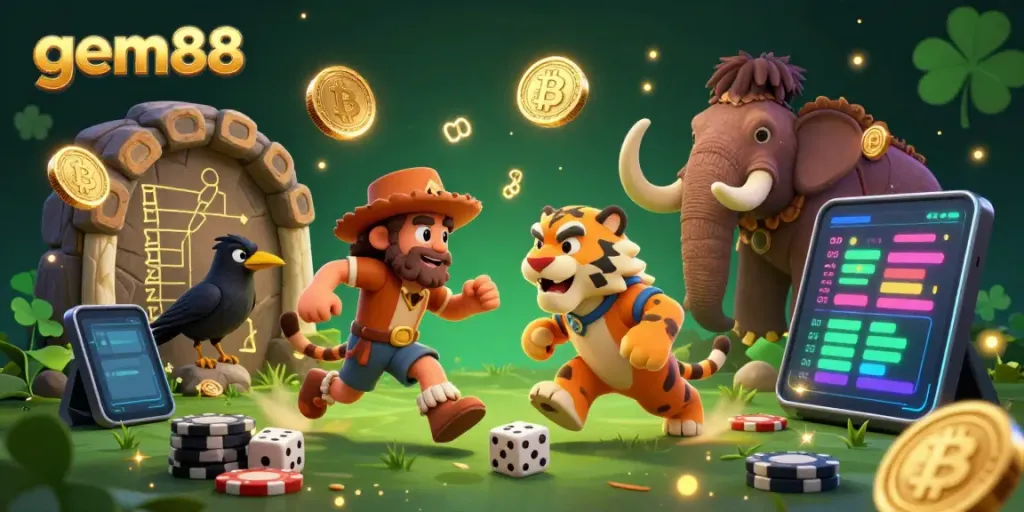 Experience the exciting world of gem88 with a vibrant 3D illustration featuring a caveman and sabertooth tiger in a prehistoric casino.