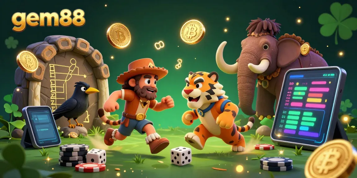 Experience the exciting world of gem88 with a vibrant 3D illustration featuring a caveman and sabertooth tiger in a prehistoric casino.