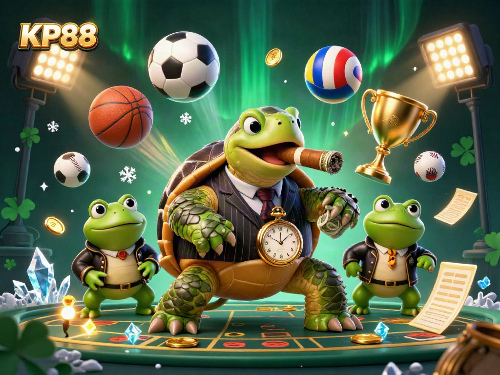 Experience the excitement of KP88 with a cartoon turtle mobster and bullfrog enforcers amidst dynamic sports elements.