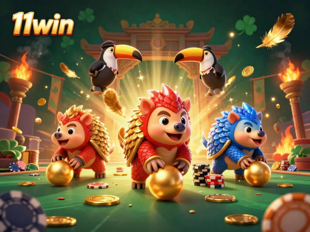 Battle through poker chips with 11win's vibrant pangolins in a dynamic 3D casino scene.