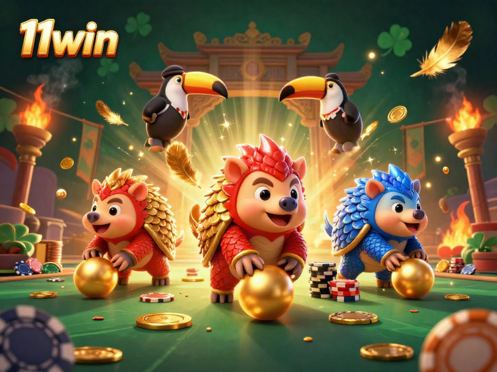 Battle through poker chips with 11win's vibrant pangolins in a dynamic 3D casino scene.