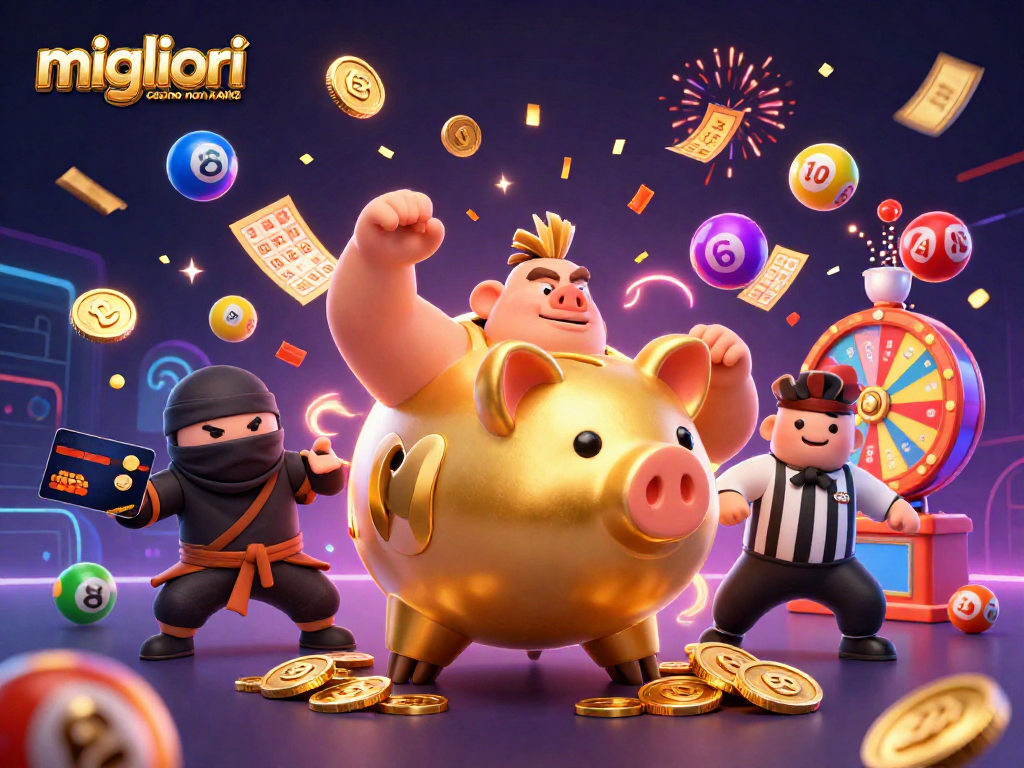 I migliori casino non AAMS in un'illustrazione vivace con un maiale dorato e altri elementi di gioco.
