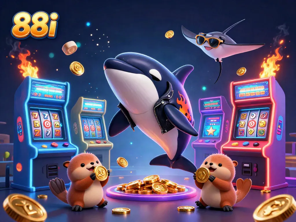 Experience thrilling jackpot gameplay with 88i in this vibrant scene featuring a playful orca, stingray, and otters.