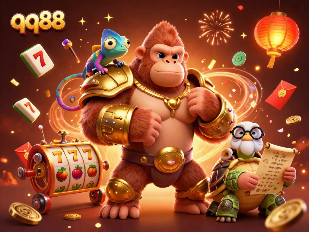 Engage in thrilling slots at qq88, featuring dynamic characters and celebratory elements in a vibrant scene.