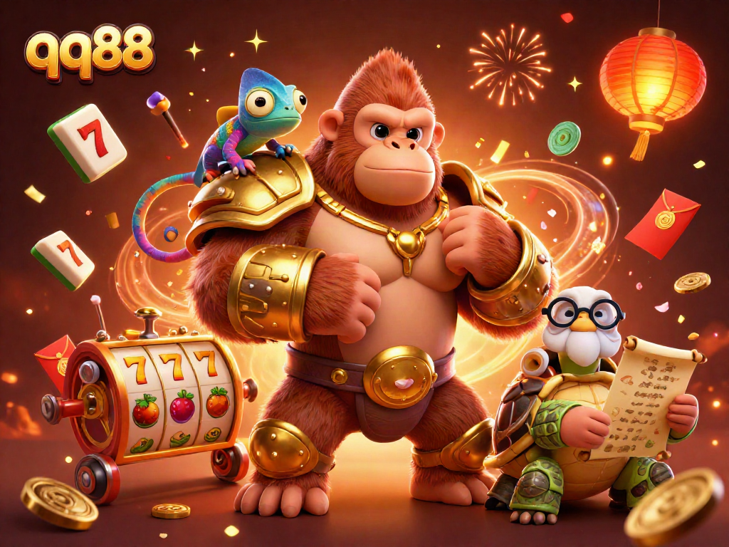 Engage in thrilling slots at qq88, featuring dynamic characters and celebratory elements in a vibrant scene.