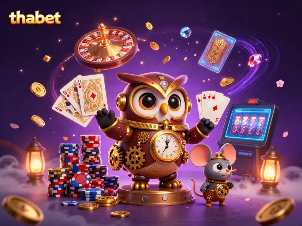 Experience thrilling games at thabet, a dynamic 3D illustration featuring a steampunk owl and casino elements.