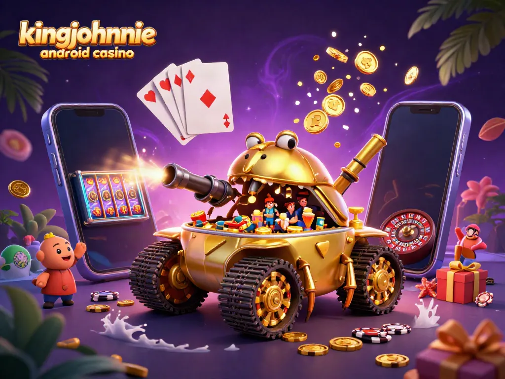 Experience thrilling gameplay at kingjohnnie android casino with a vibrant 3D illustration of mobile gaming excitement.