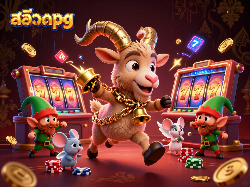Experience thrilling สล็อตpg action with a 3D illustration featuring festive casino elements and playful characters.