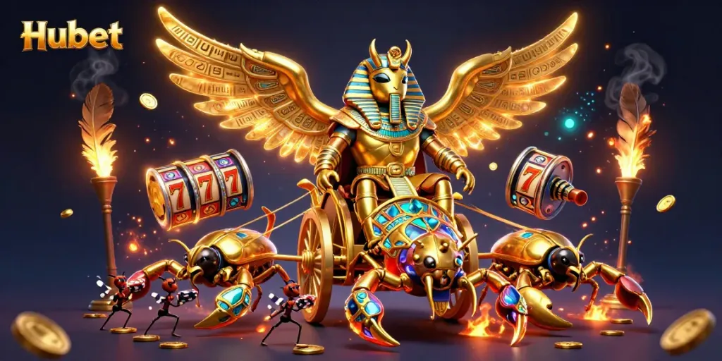 Spin the reels with Hubet's thrilling adventure featuring a golden scarab and dynamic casino elements.
