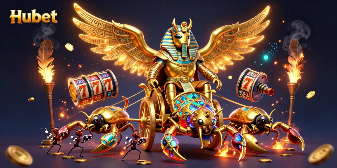 Spin the reels with Hubet's thrilling adventure featuring a golden scarab and dynamic casino elements.