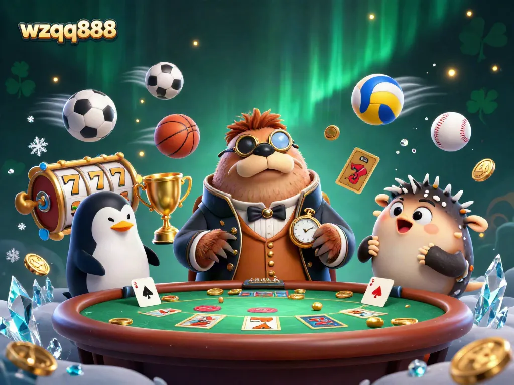 Engage in thrilling gameplay with wzqq888 at an underwater casino featuring a walrus, penguin dealer, and bluffing pufferfish.