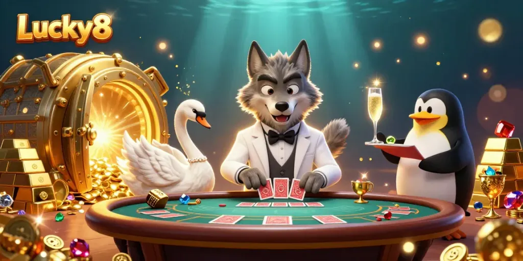 Engage in thrilling games with Lucky8 at a vibrant baccarat table with extraordinary characters.
