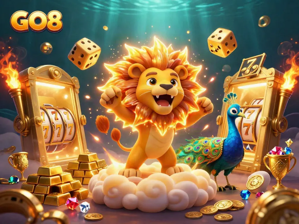 Experience the excitement of GO8 with rich gaming elements and vibrant casino energy in this illustration.