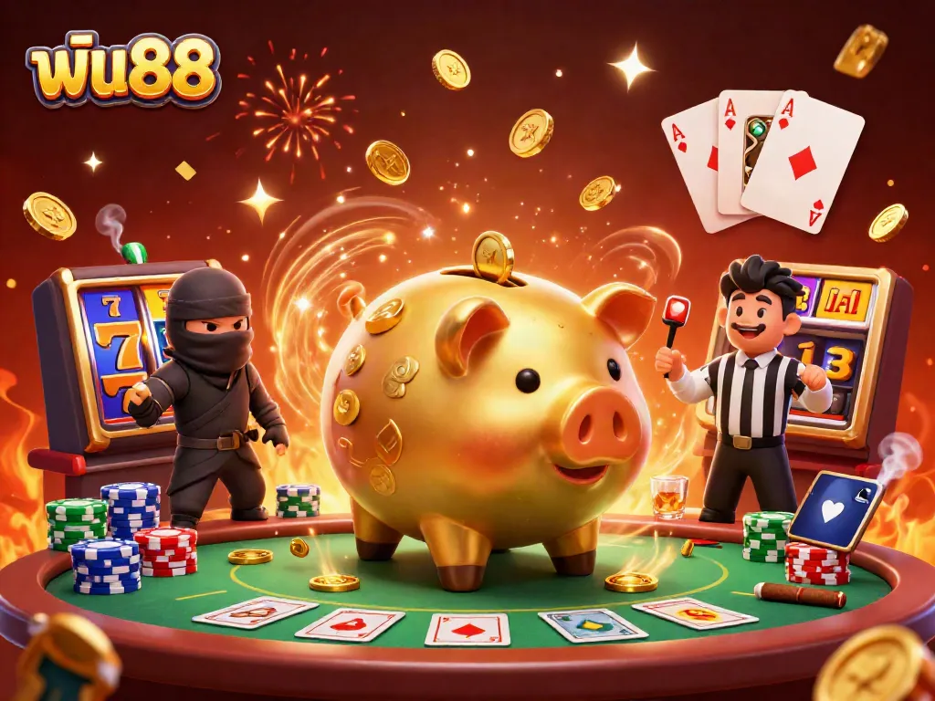 Experience the thrill of ฟัน88 with vibrant gaming elements showcasing lively gambling activity, including slot reels and a dynamic scene.