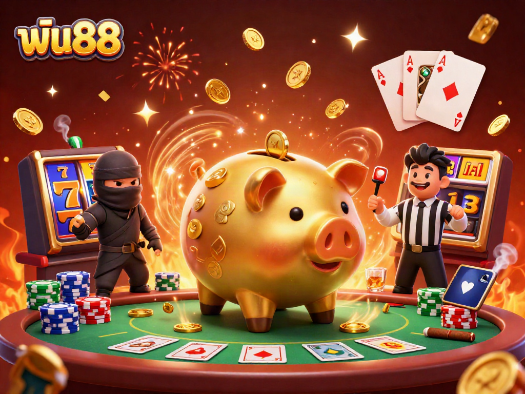 Experience the thrill of ฟัน88 with vibrant gaming elements showcasing lively gambling activity, including slot reels and a dynamic scene.
