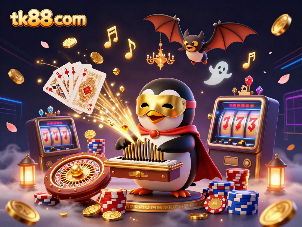 Experience the thrill at tk88 com with a vibrant 3D casino scene featuring a penguin playing music among golden coins.