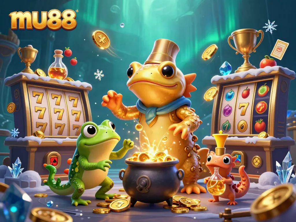 Experience the magic of mu88 with a vibrant 3D scene featuring a golden salamander and winnings from slots.