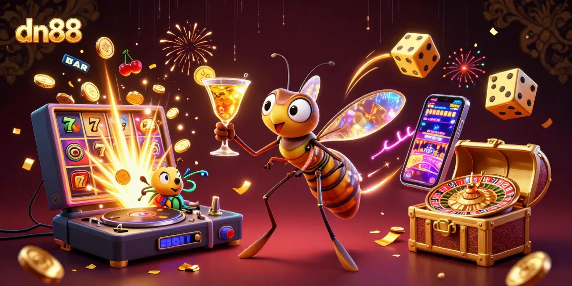 Engage with dn88's vibrant 3D casino scene showcasing exhilarating games and unique characters.