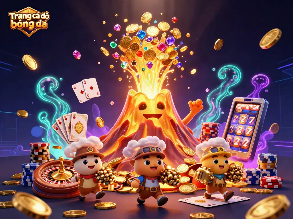 Engage with Trang cá độ bóng đá, experiencing thrilling casino action amidst a vibrant eruption of coins and gems.