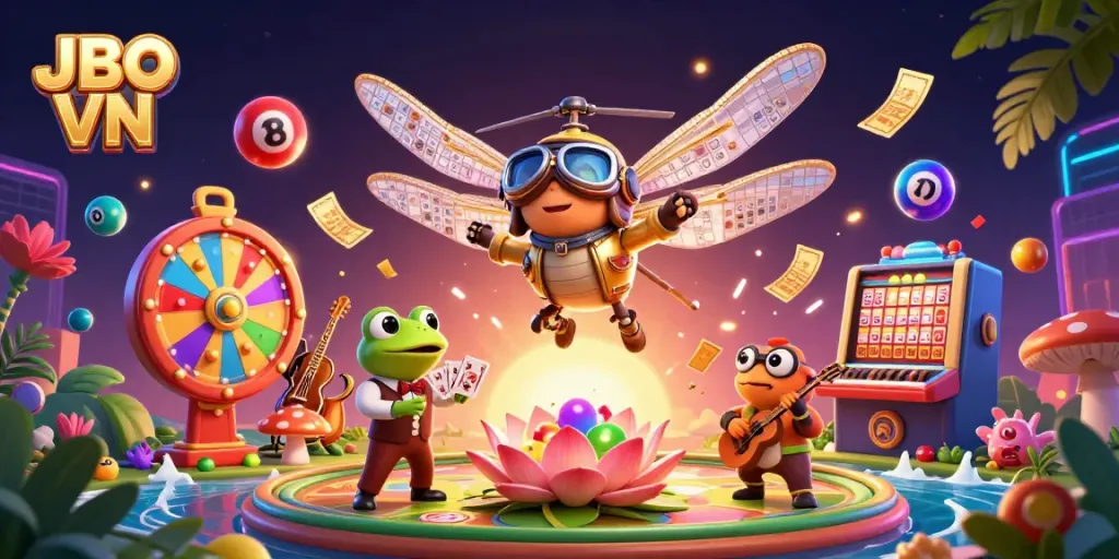 Join the fun at JBO VN with a vibrant casino scene featuring a helicopter pilot and frog croupier dealing cards.