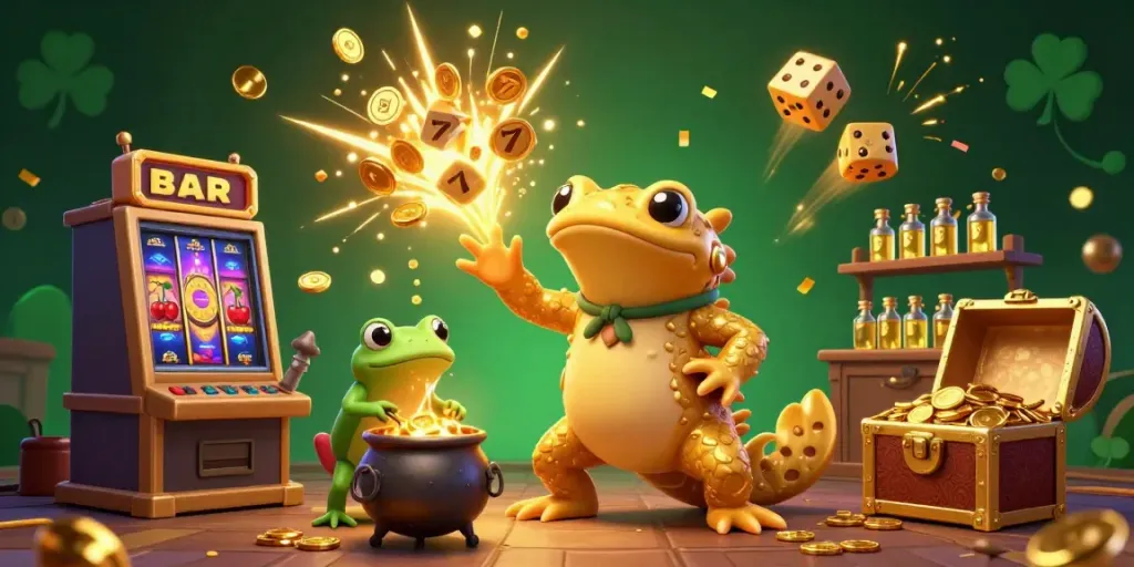 Experience winning with vb88 in a magical casino scene featuring a golden salamander alchemist, vibrant slot machine, and sparkling elixirs.