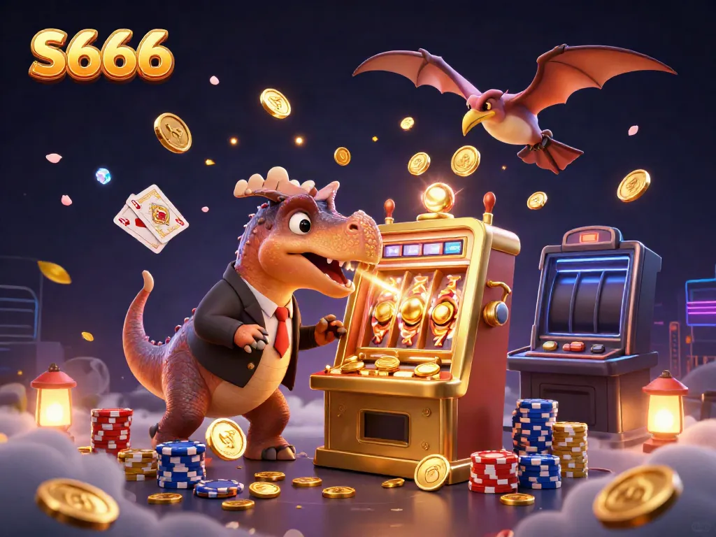 S666 promotes excitement in a casino scene with a dinosaur and golden jackpot rewards.
