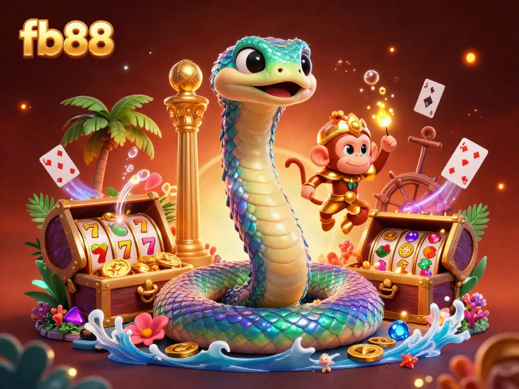 Experience the vibrant world of fb88 with an engaging 3D casino scene featuring mythical creatures and exciting gaming elements.