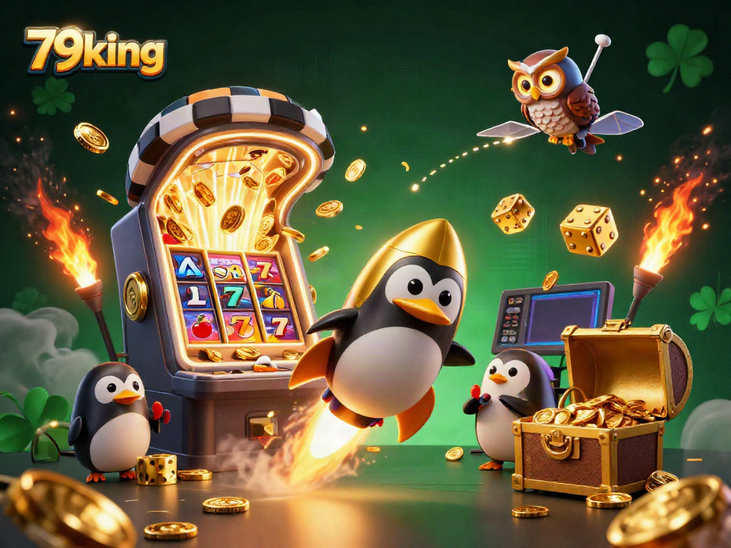 Experience thrilling gaming with 79king, featuring vibrant casino scenes and a golden penguin character.