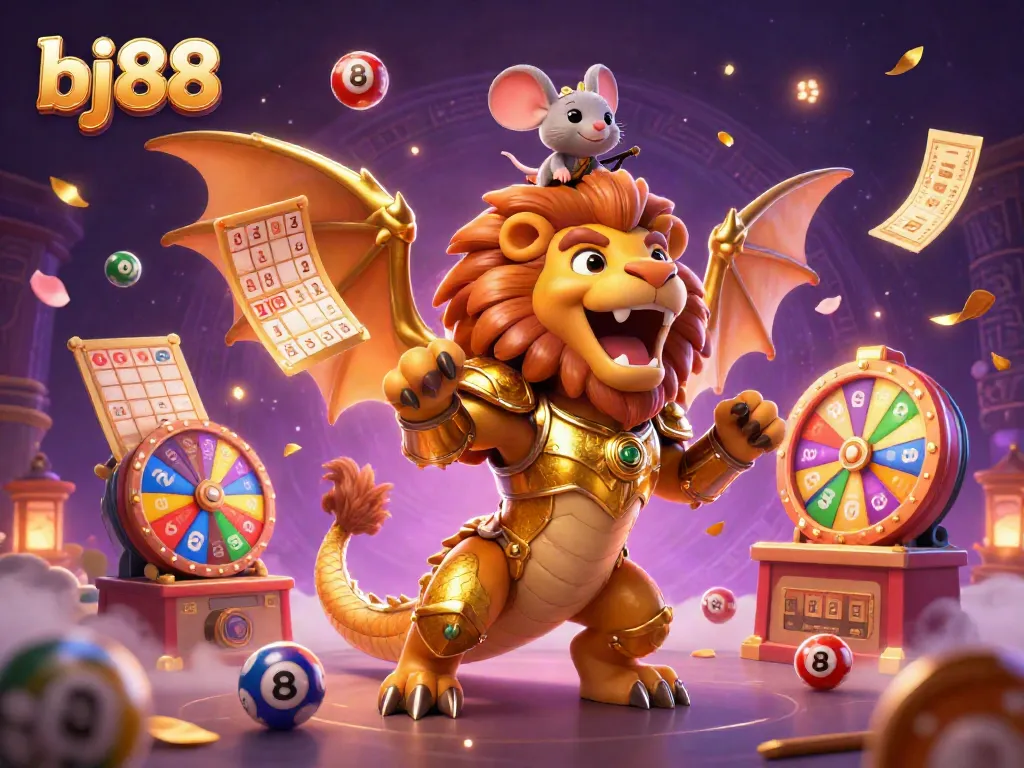 Engage in thrilling games at bj88 with vibrant animated characters amid colorful casino elements.