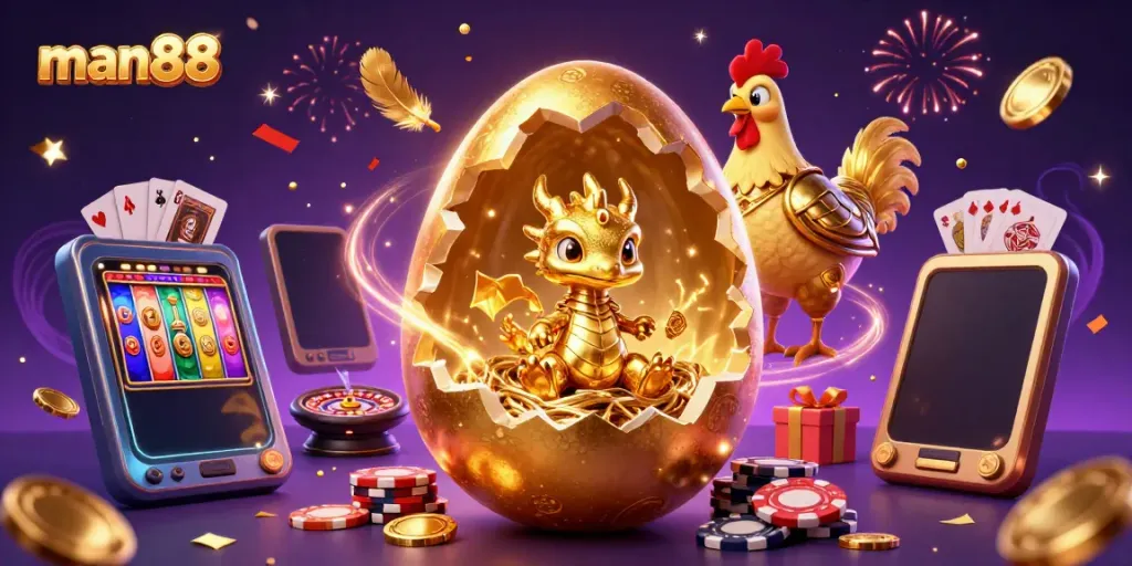 Engaging scene showcasing the man88 brand with a golden dragon on poker chips amidst casino-themed elements and vibrant celebrations.