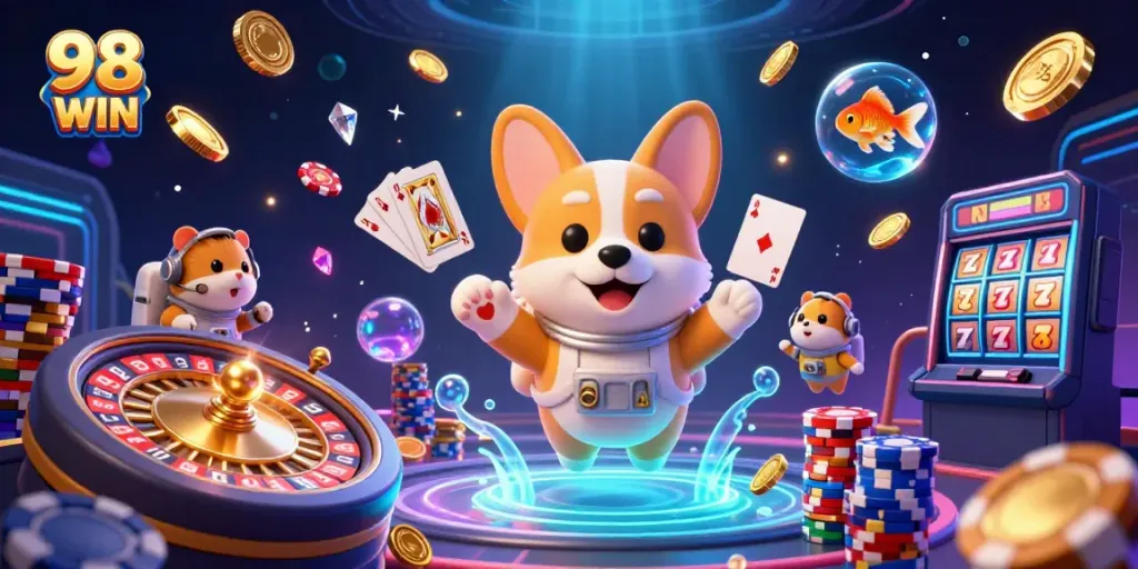 Experience the excitement of 98 WIN with a vibrant space casino scene featuring a floating astronaut corgi.