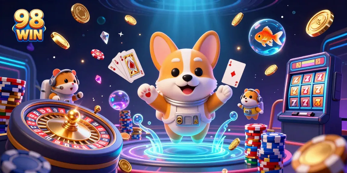 Experience the excitement of 98 WIN with a vibrant space casino scene featuring a floating astronaut corgi.