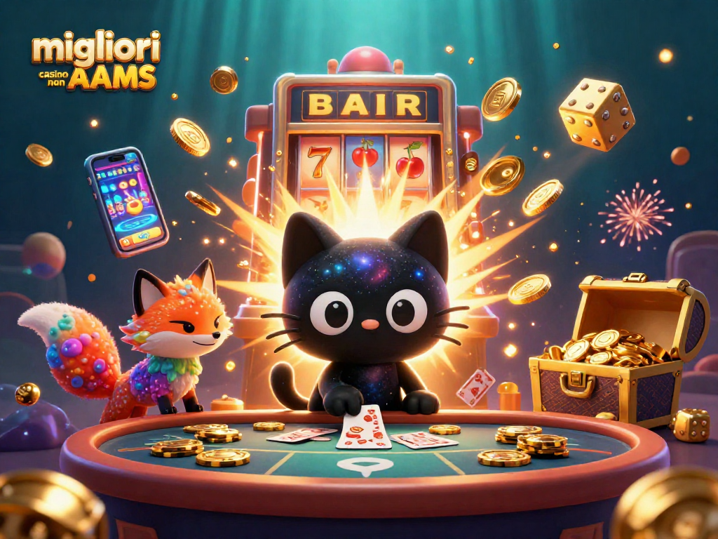Immagine di migliori casino non AAMS con un gatto e una volpe cosmica che attraggono gettoni e carte.